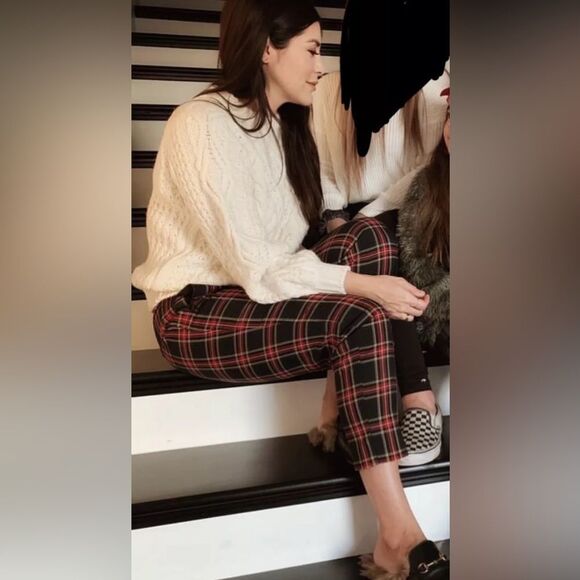 J. Crew & Zara Basics Red and Black Tartan Plaid Turtleneck Matching Ankle Pants - Picture 2 of 12
